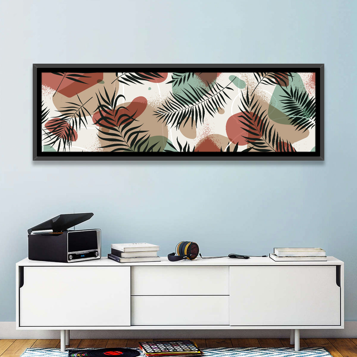 Geometric Tropical Pattern Wall Art in a room, panoramic