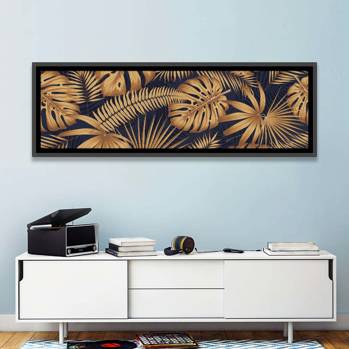 Golden Tropical Leaves Wall Art in a room, panoramic