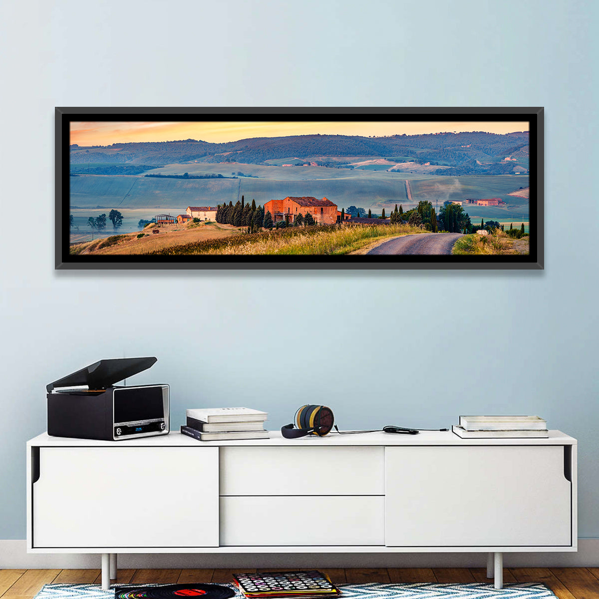 Tuscan Country Road Wall Art in a room, panoramic