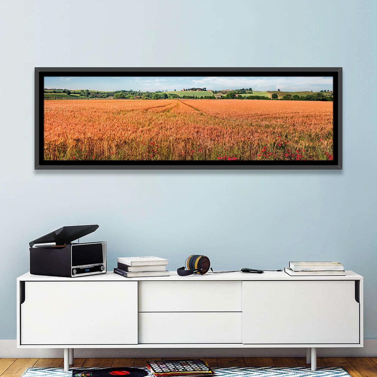 Golden Wheat Field with Poppies Wall Art in a room, panoramic
