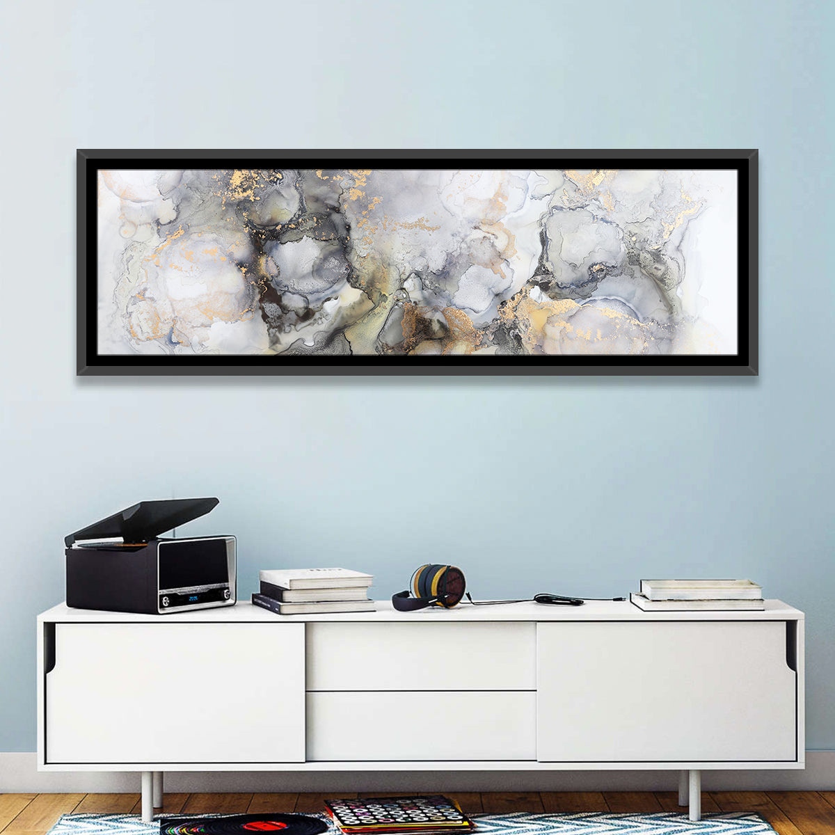 Gold Foil Marble Abstract Wall Art in a room, panoramic