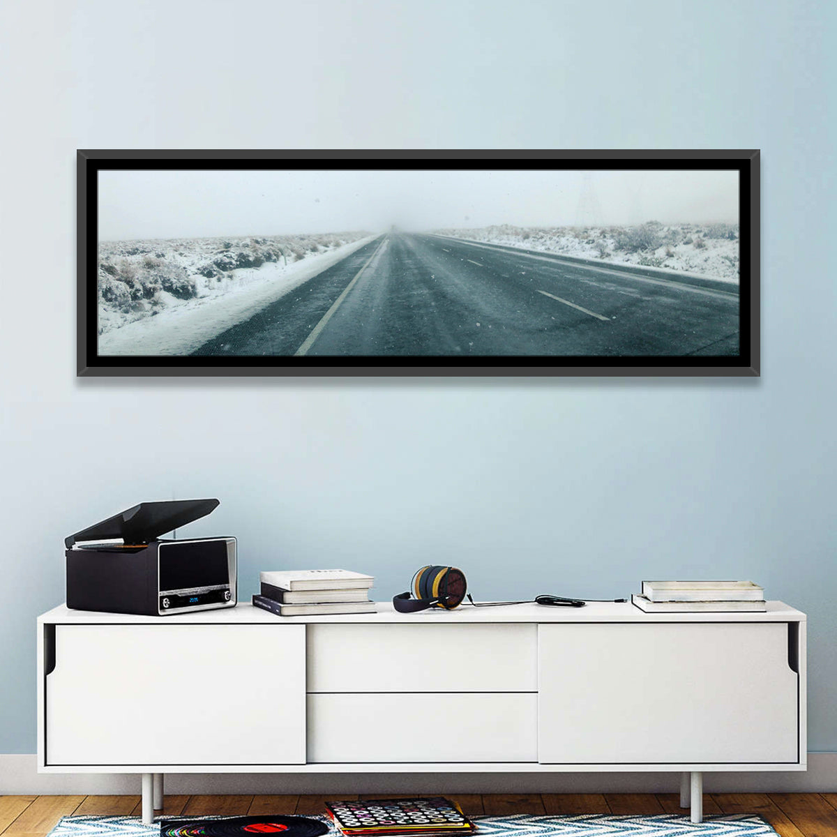 Foggy Winter Mountain Road Wall Art in a room, panoramic