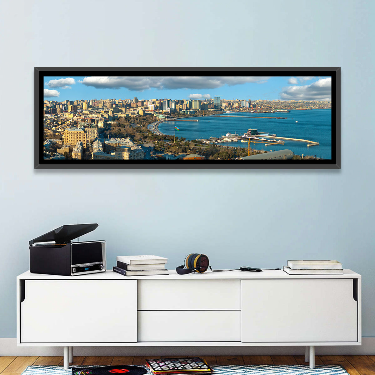 Baku Waterfront Skyline Wall Art in a room, panoramic