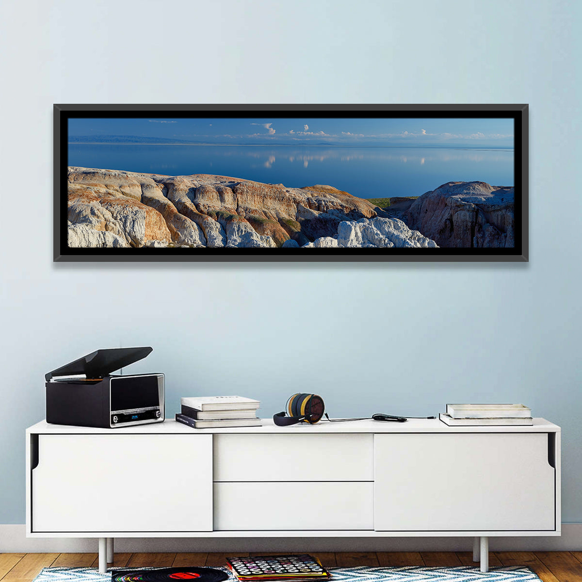 Shekelmes Tract Cliff Over Lake Wall Art in a room, panoramic