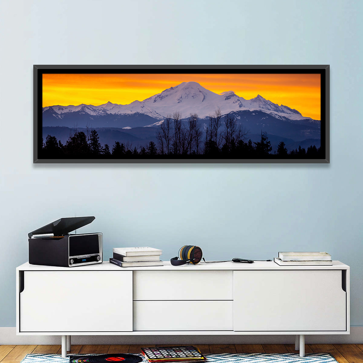 Sunrise Over Mount Baker Wall Art in a room, panoramic