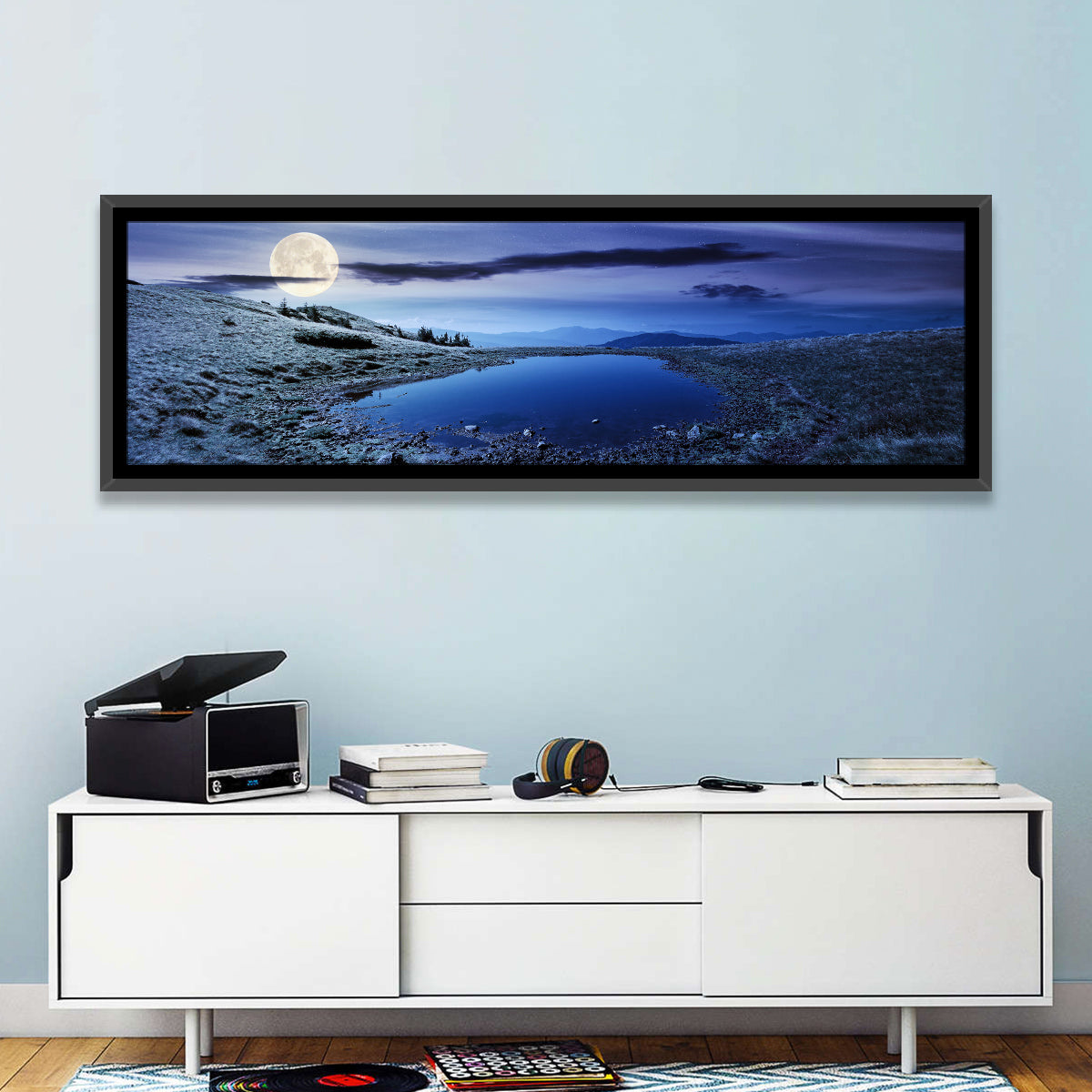 Mountain Lake at Night Wall Art in a room, panoramic
