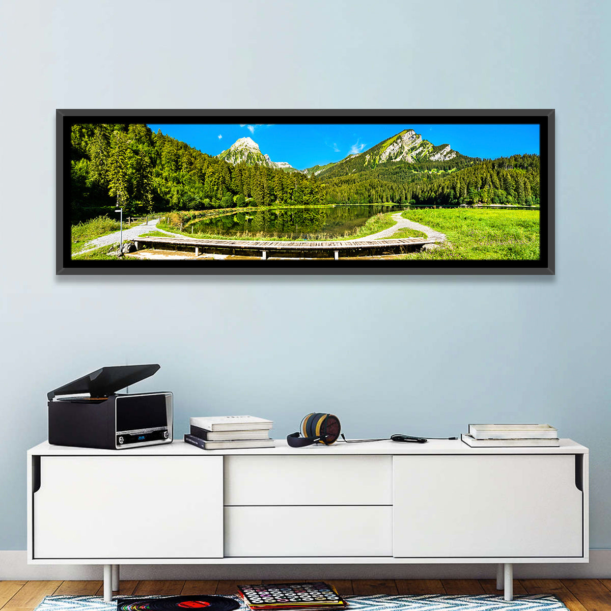 Seealpsee Footbridge Alpine Lake Wall Art in a room, panoramic