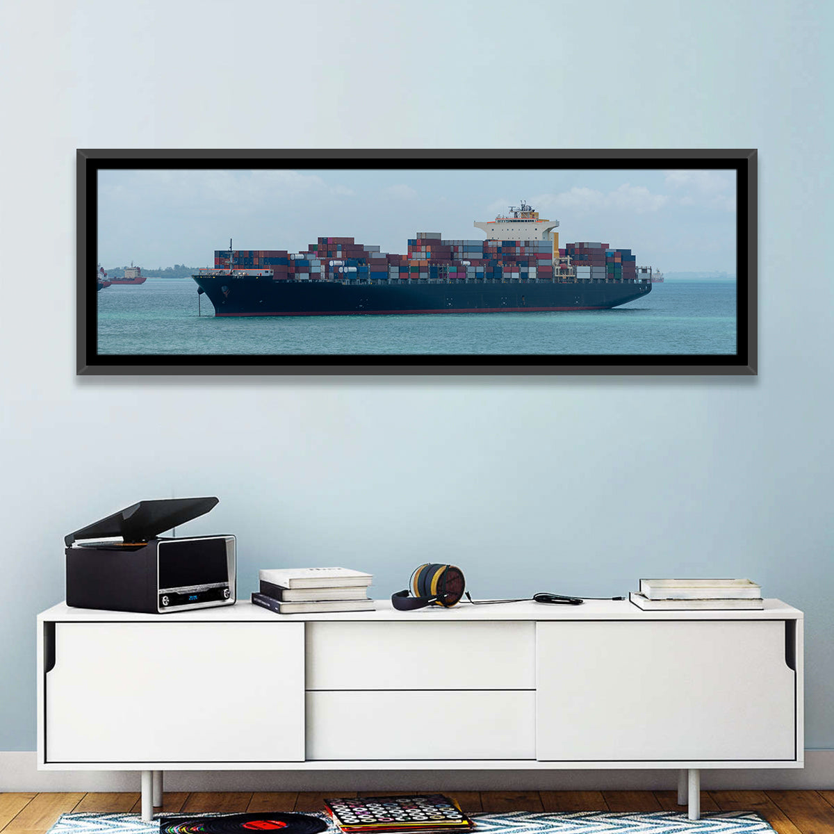 Harbor Container Ship at Sea Wall Art in a room, panoramic