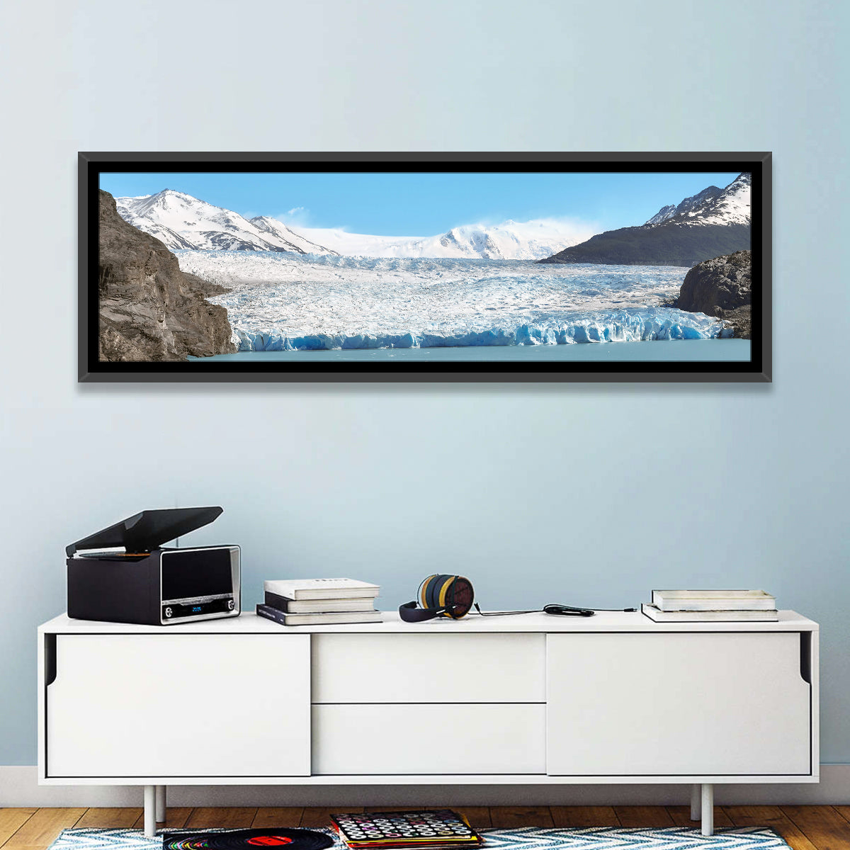 Grey Glacier and Blue Glacial Lake Wall Art in a room, panoramic