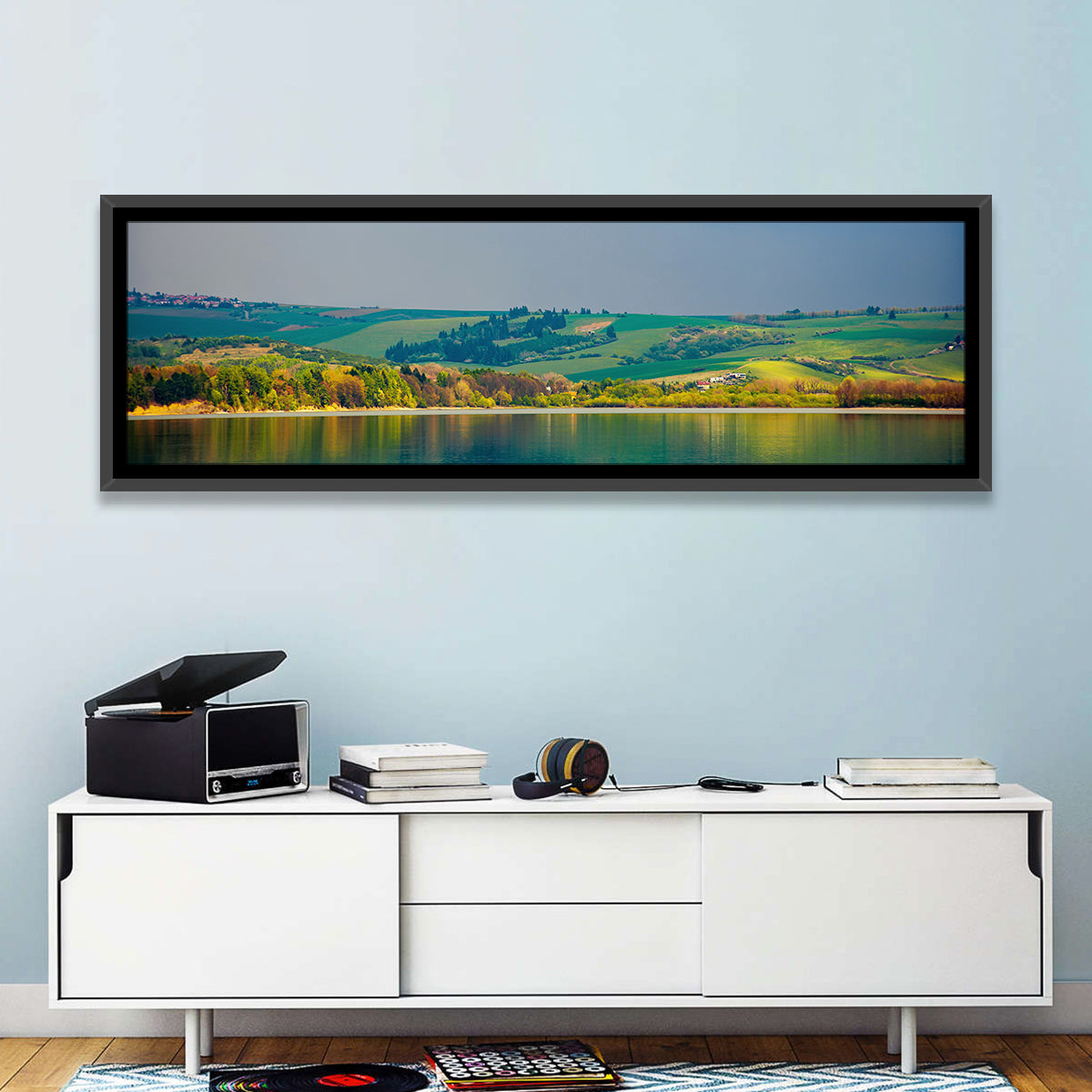 Liptovska Mara Lake Reflection Wall Art in a room, panoramic