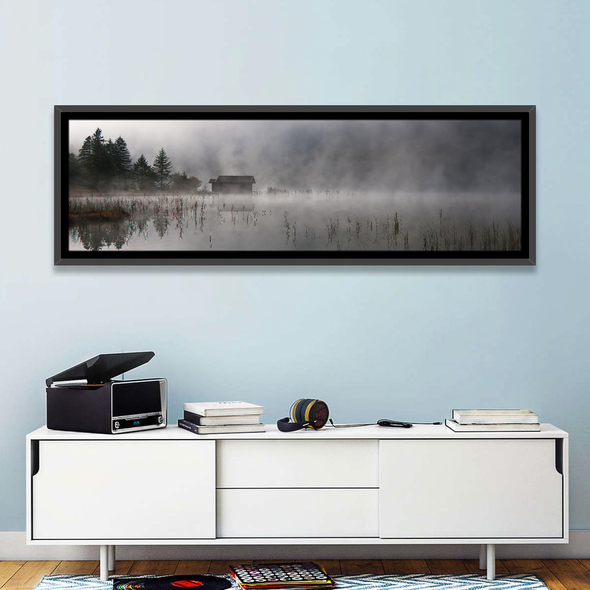 Ferchensee Morning Mist Wall Art in a room, panoramic