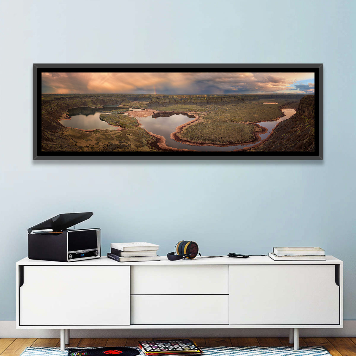 Soap Lake Storm Rainbow Wall Art in a room, panoramic
