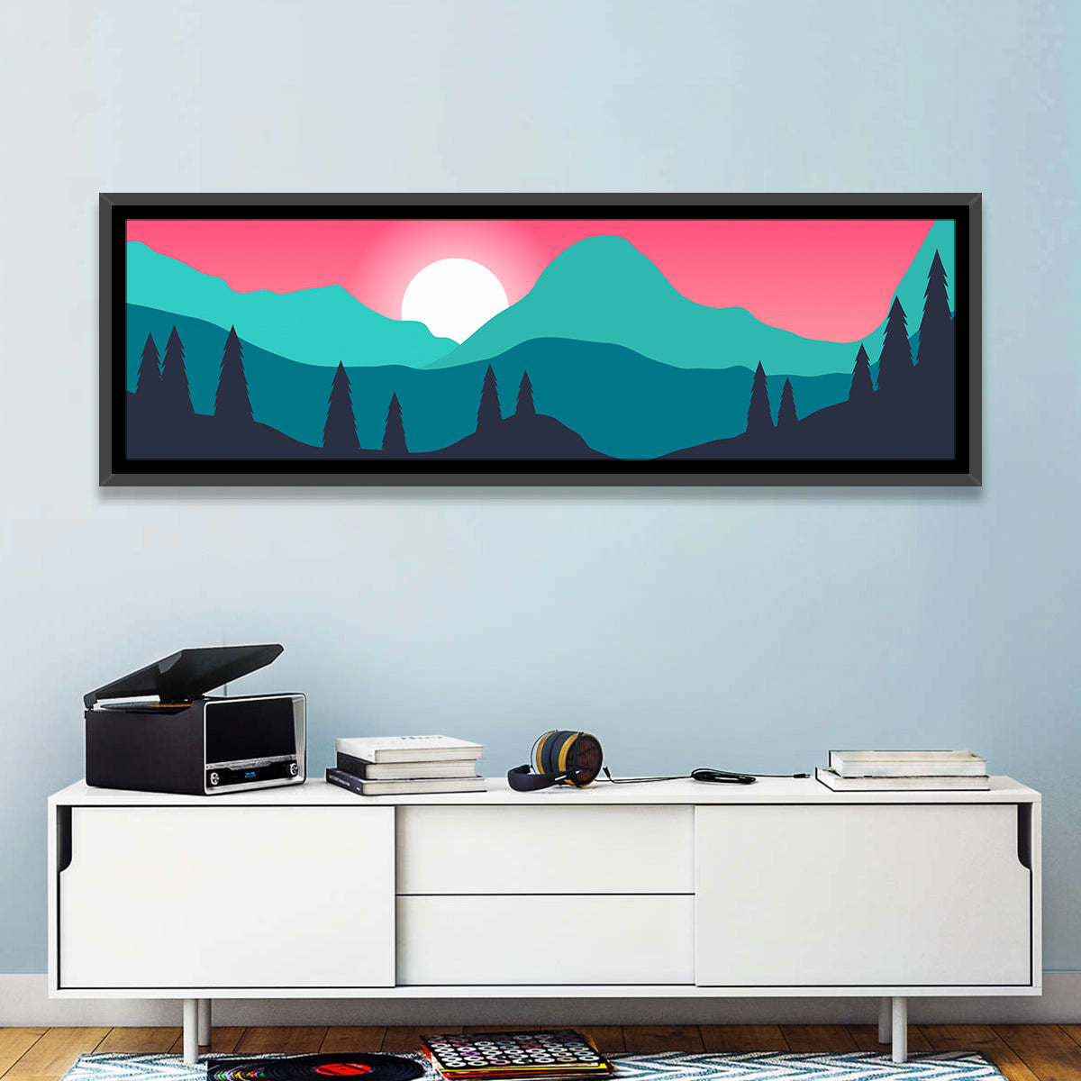 Turquoise and Pink Mountain Sunset Wall Art in a room, panoramic