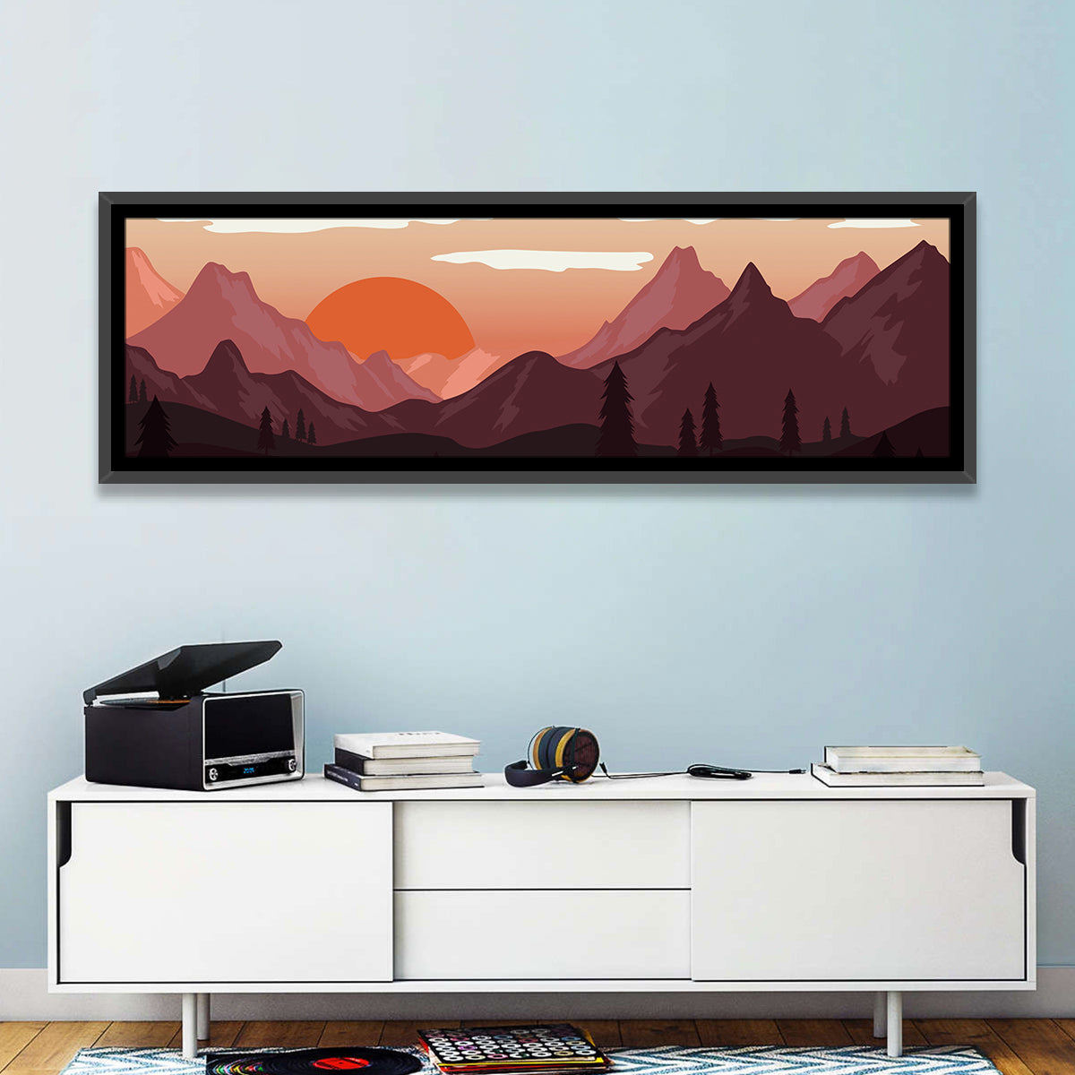 Mars Sunset Over Mountains Wall Art in a room, panoramic