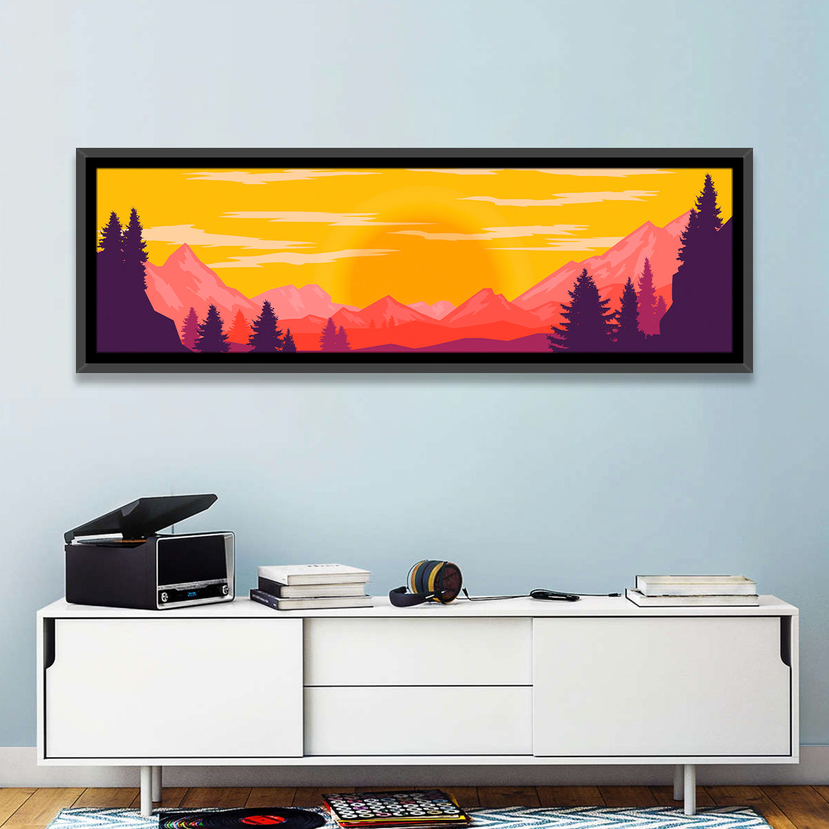 Crimson Peaks at Sunset Wall Art in a room, panoramic