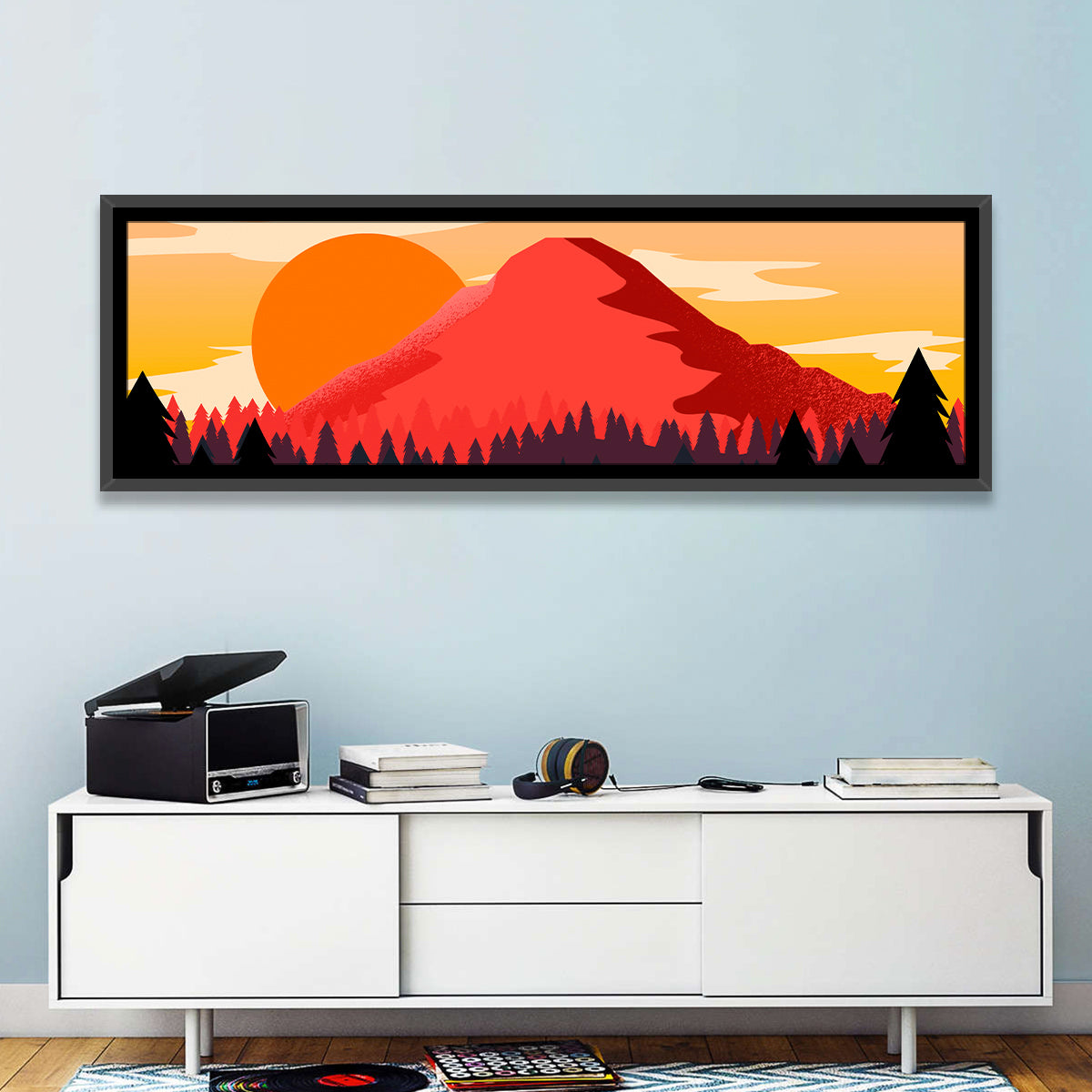 Stippled Red Mountain Sunset Wall Art in a room, panoramic