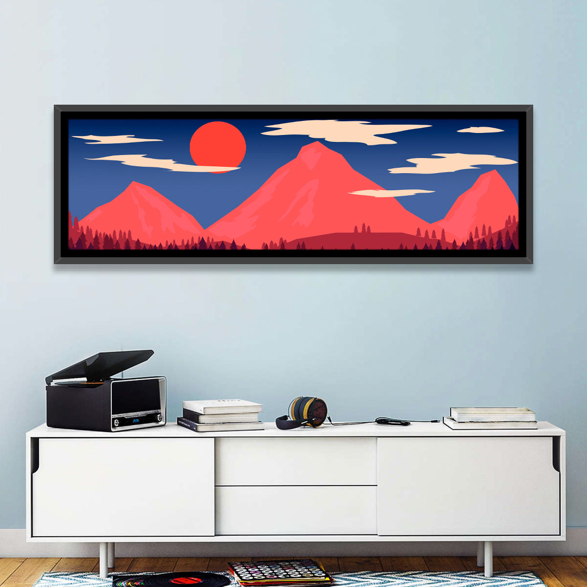 Crimson Sun Over Blue Mountains Wall Art in a room, panoramic