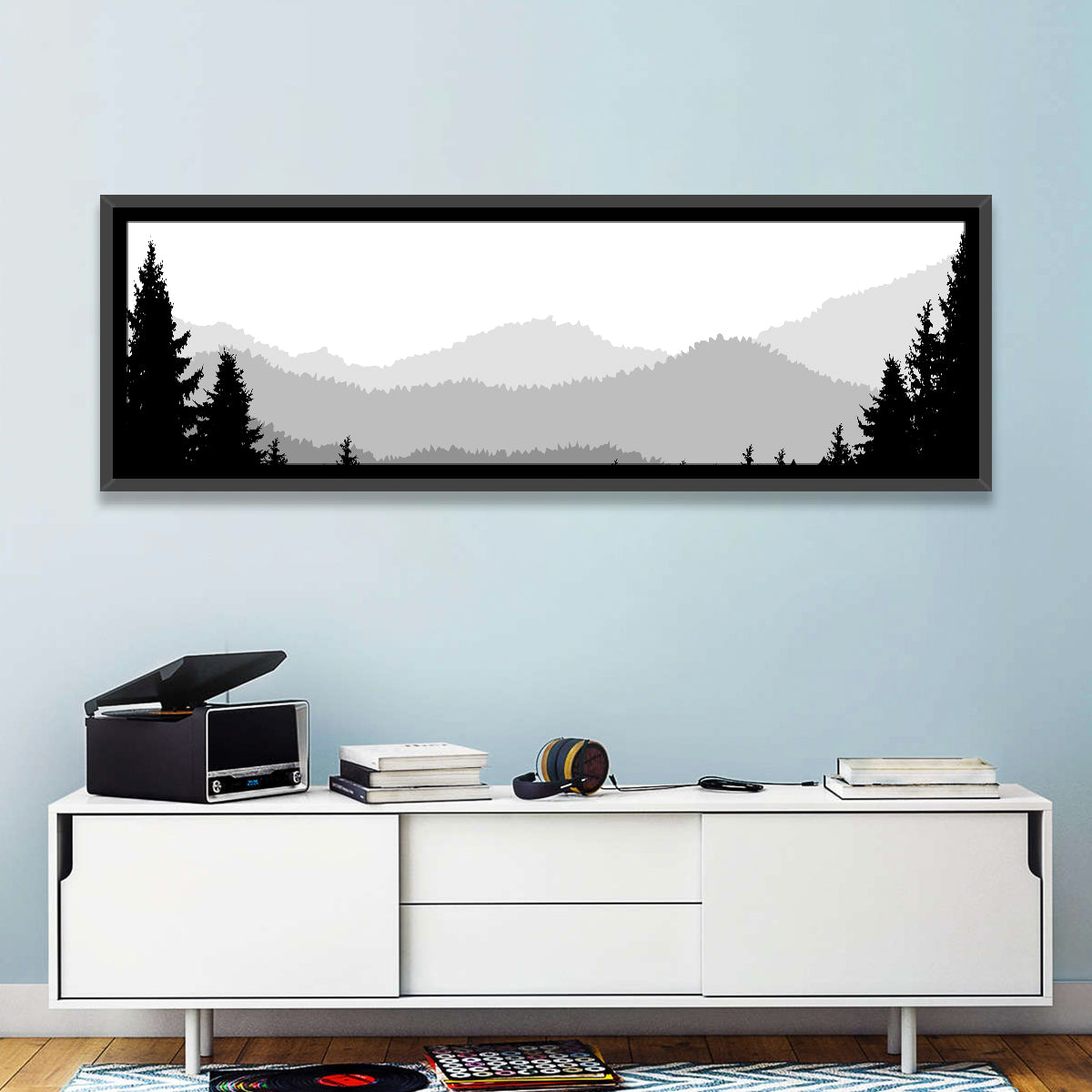 Foggy Mountain Silhouettes Wall Art in a room, panoramic
