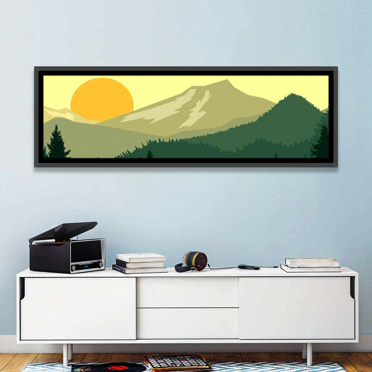 Sunset Over Green Mountains Wall Art in a room, panoramic