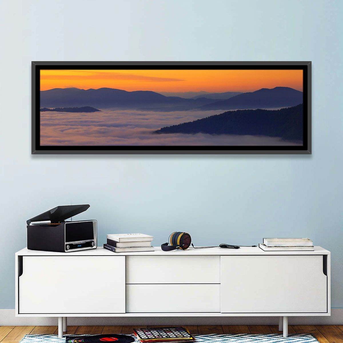 Cloud Sea Over Mountains at Golden Dawn Wall Art in a room, panoramic
