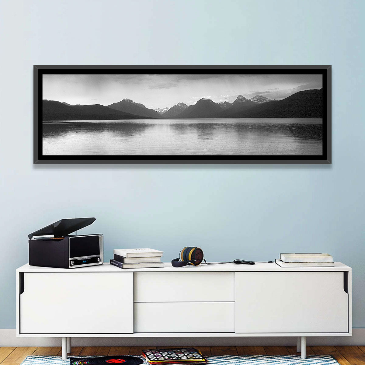 Lake Mcdonald Monochrome Reflection Wall Art in a room, panoramic