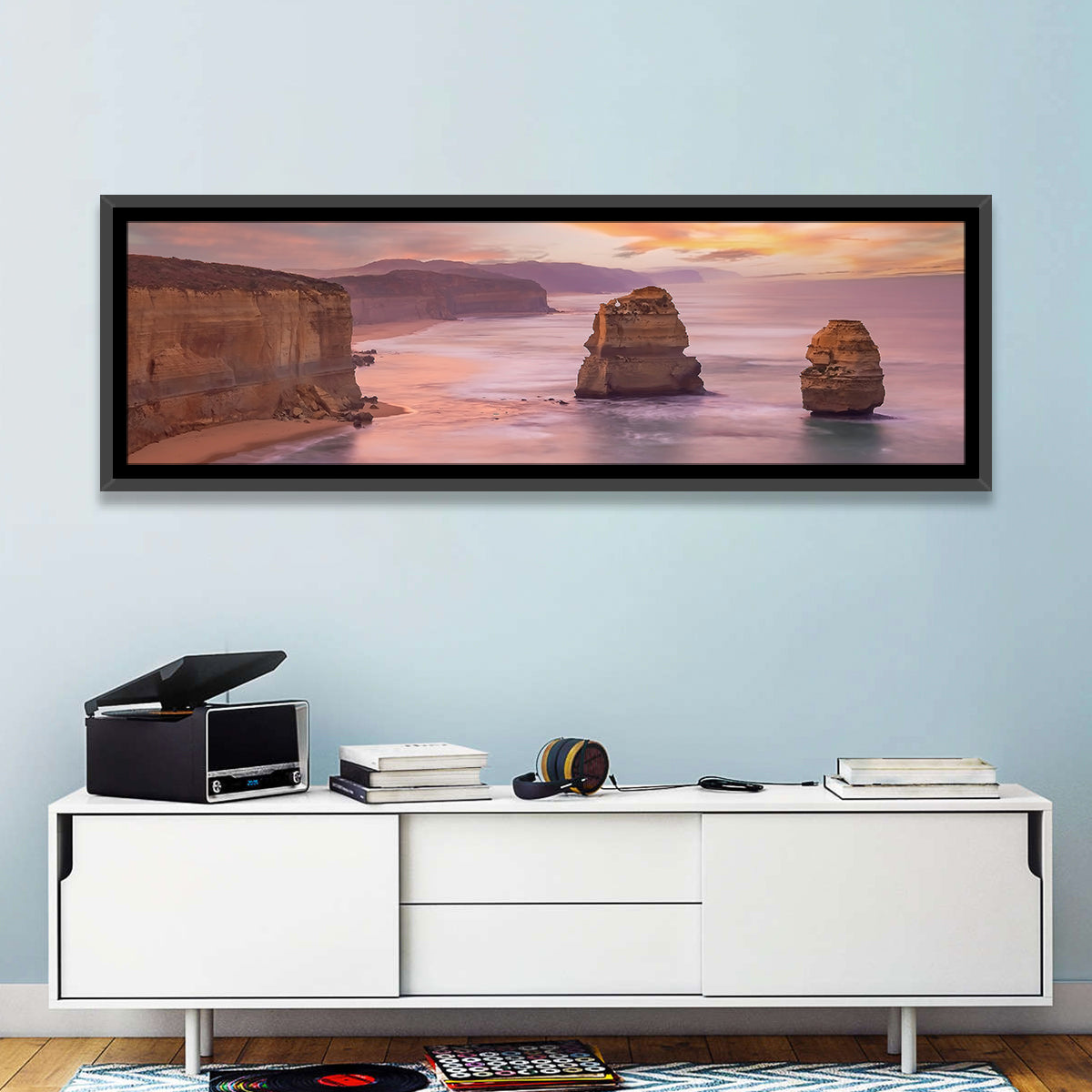 Twelve Apostles Sunset Sea Stacks Wall Art in a room, panoramic