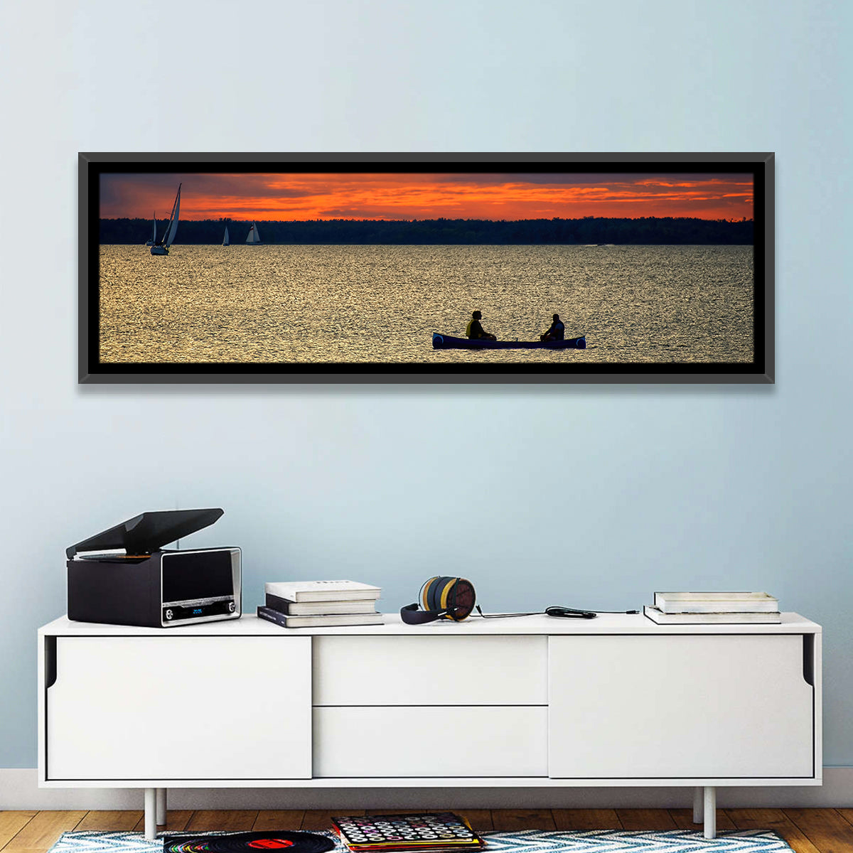 Ottawa River Sunset Canoe Wall Art in a room, panoramic