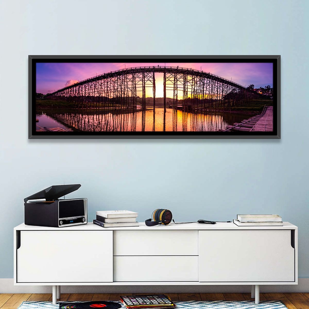 Mon Bridge Sunset, Sangkhlaburi Wall Art in a room, panoramic
