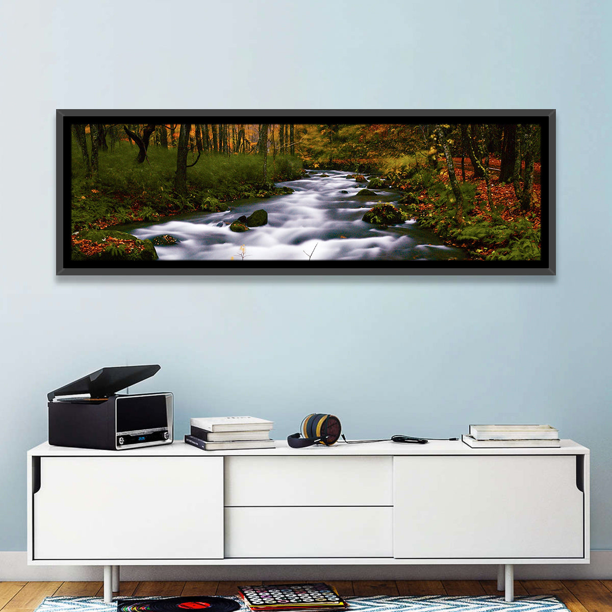 Autumn Forest Stream Wall Art in a room, panoramic