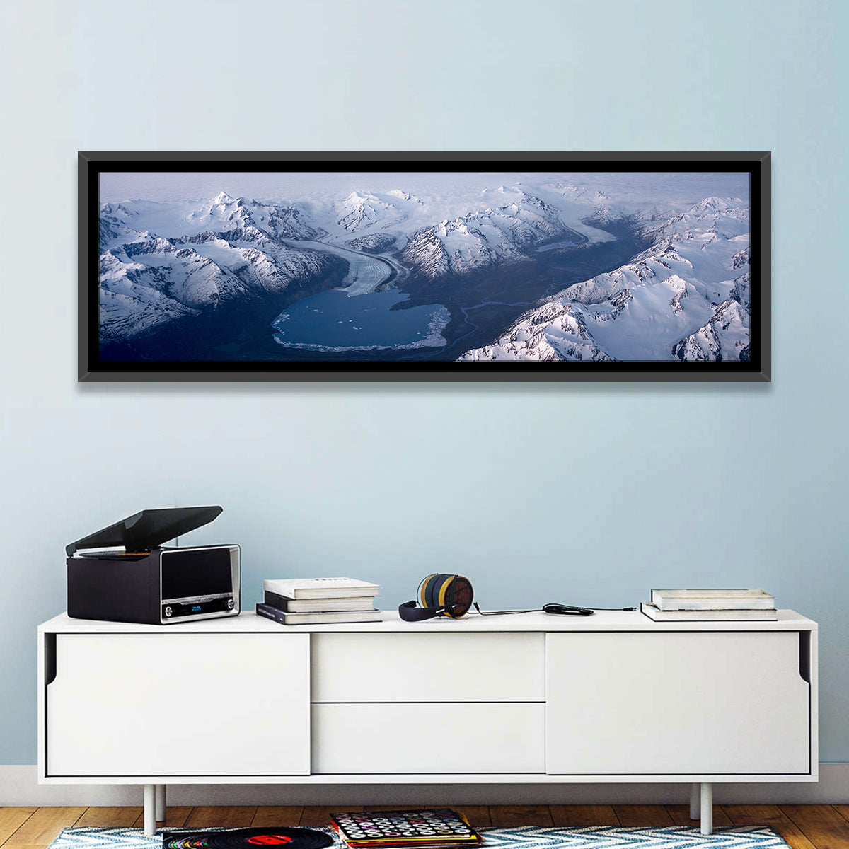 Lake George Alpenglow Wall Art in a room, panoramic