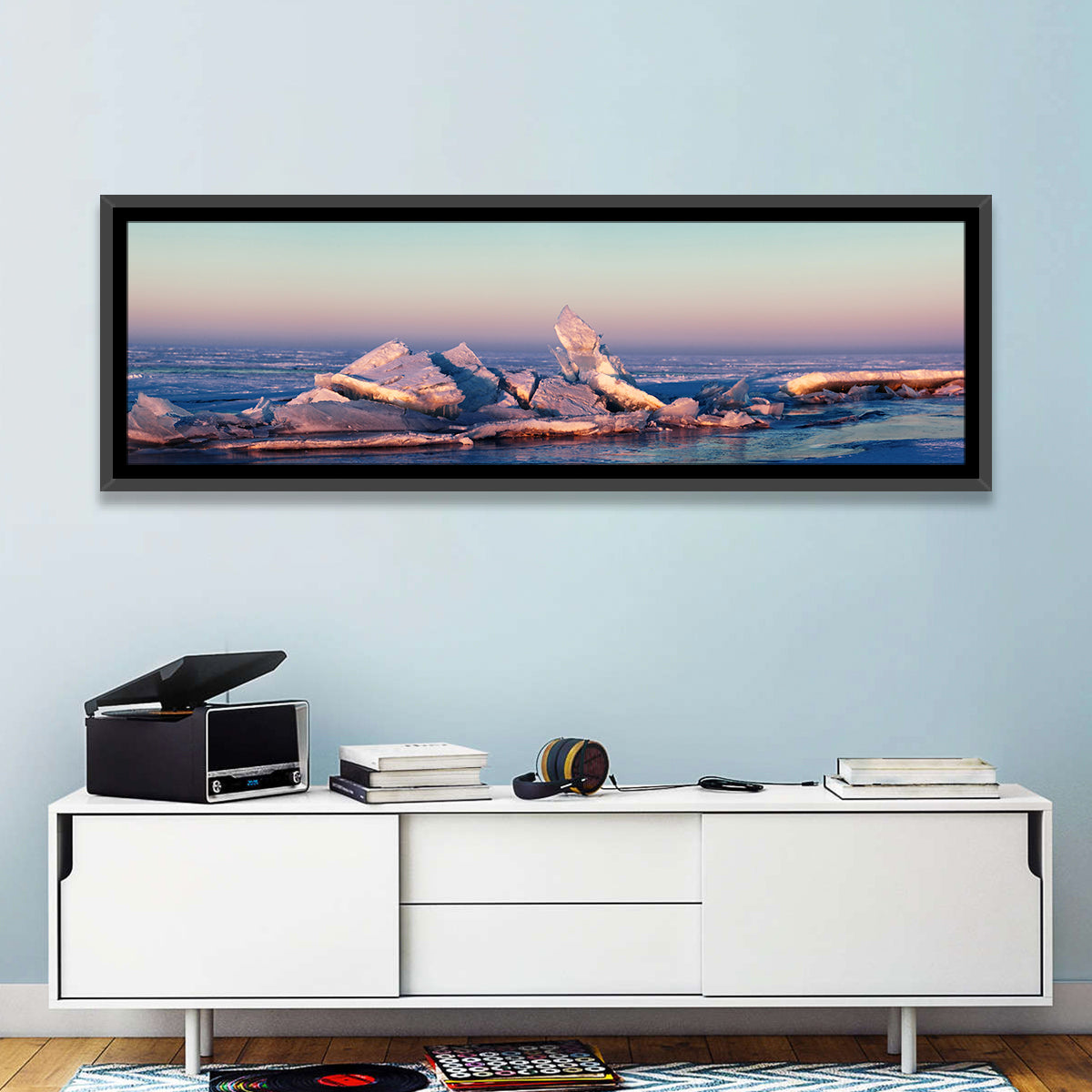 Lake Balkhash Ice Hummocks Wall Art in a room, panoramic