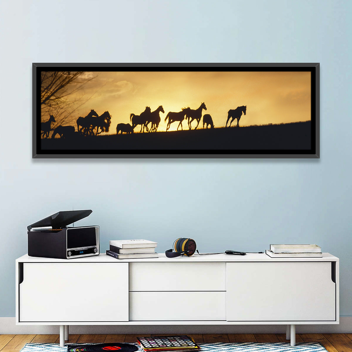 Mustang Silhouettes at Sunset Wall Art in a room, panoramic