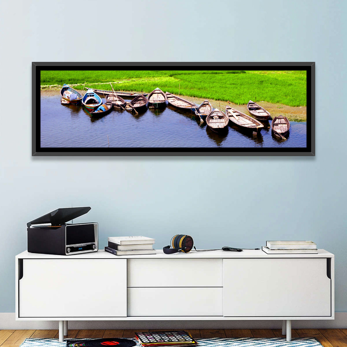 Boats at the Shoreline Wall Art in a room, panoramic
