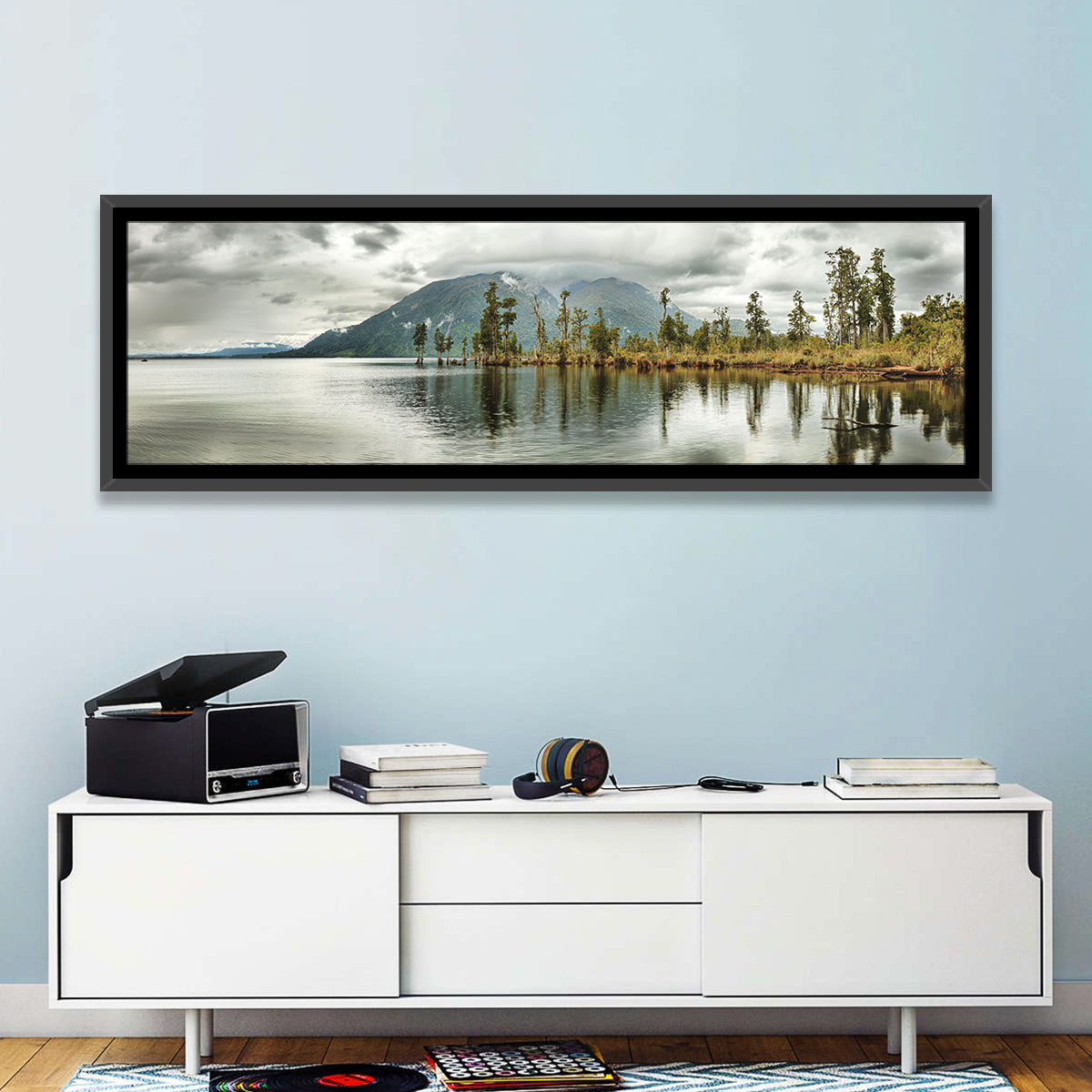 Lake Brunner Reflections Wall Art in a room, panoramic