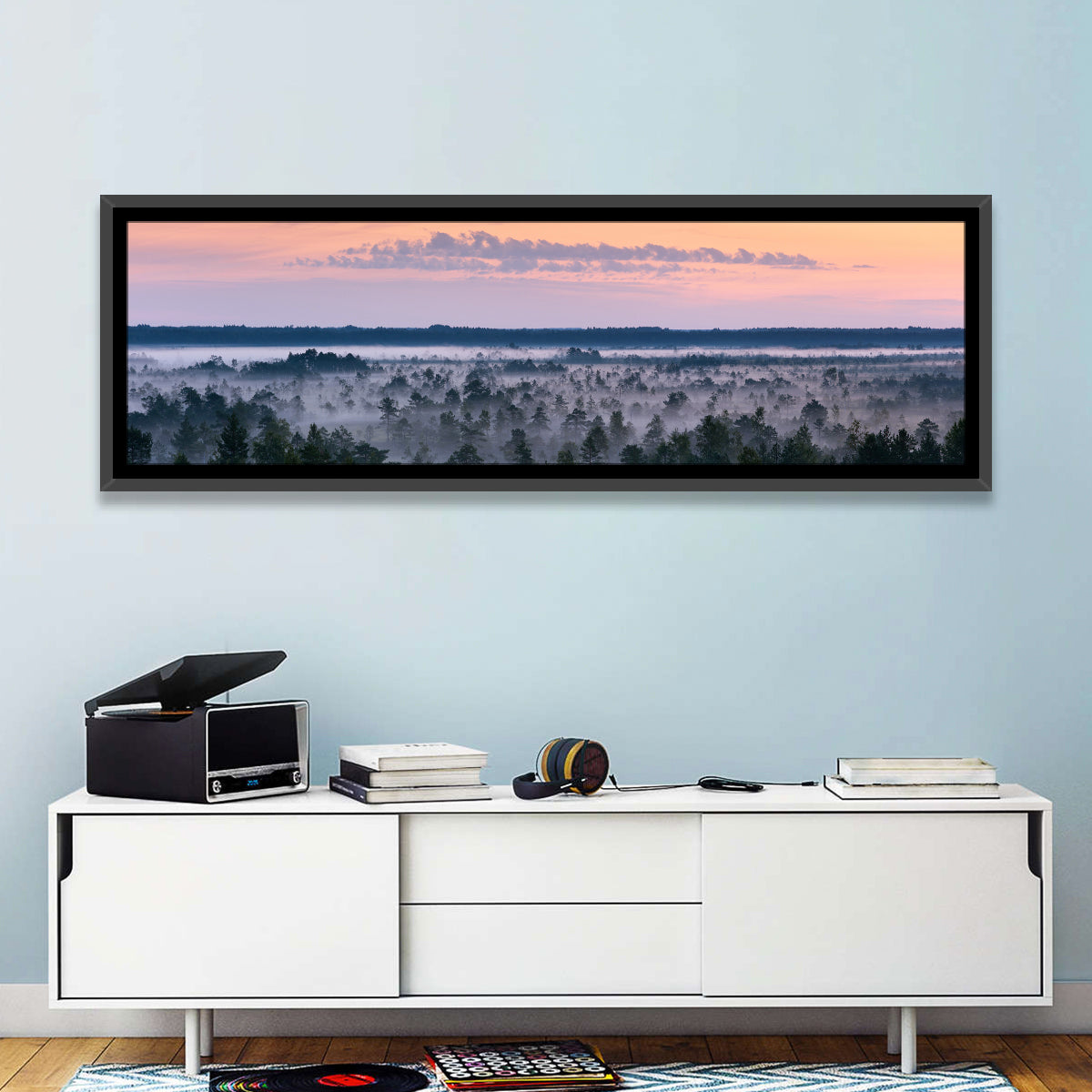 Estonian Misty Pine Landscape Wall Art in a room, panoramic