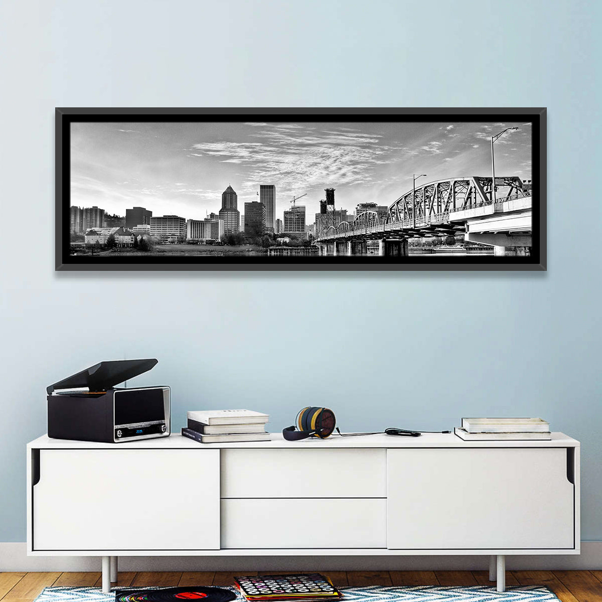 Portland Hawthorne Bridge Skyline Wall Art in a room, panoramic
