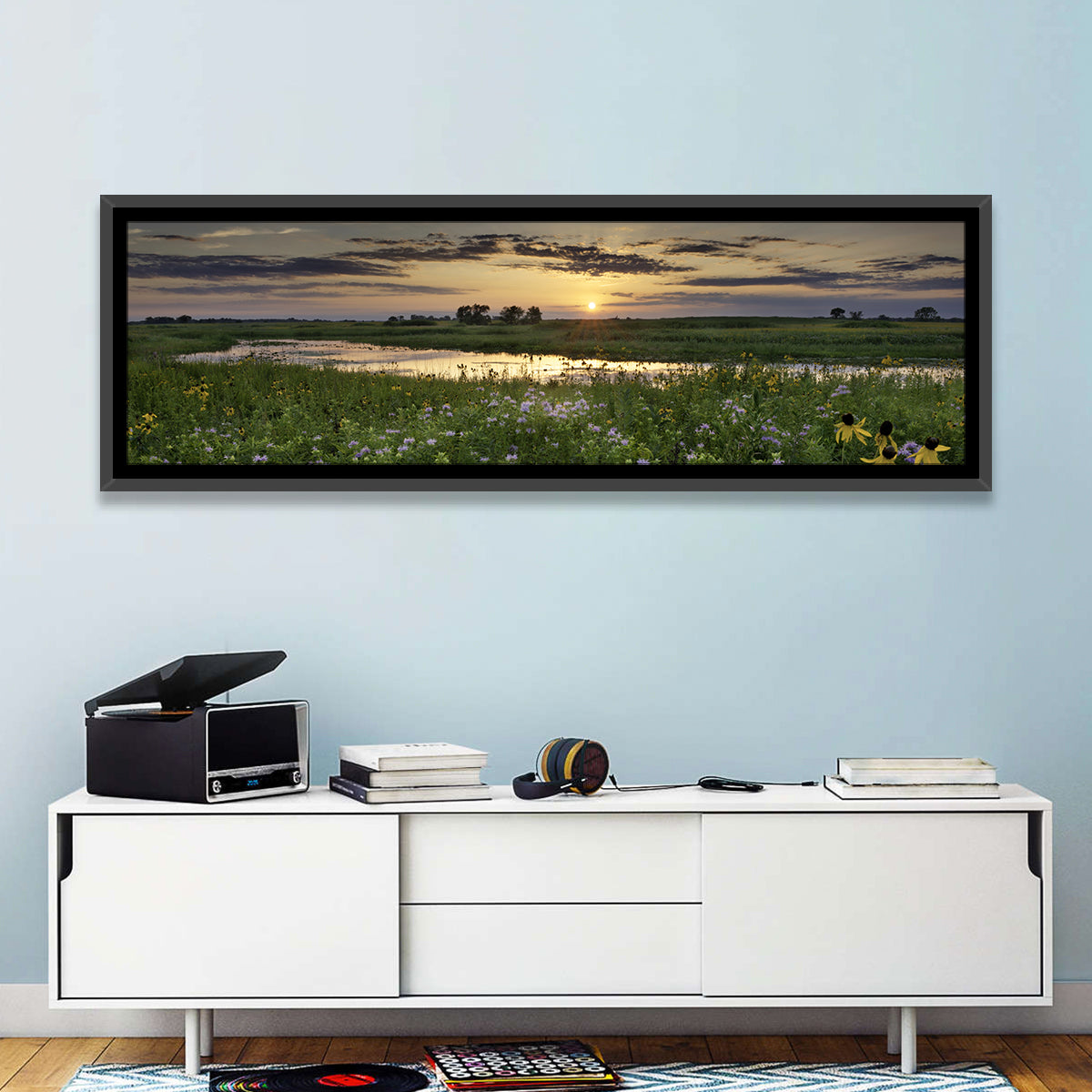 Illinois Fields Sunset Wall Art in a room, panoramic