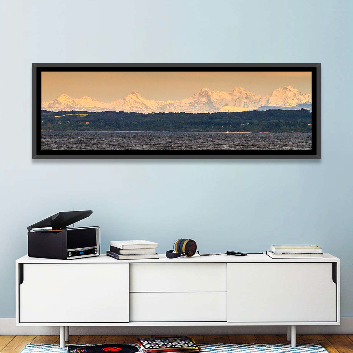 Lake Neuchatel Golden Hour Wall Art in a room, panoramic