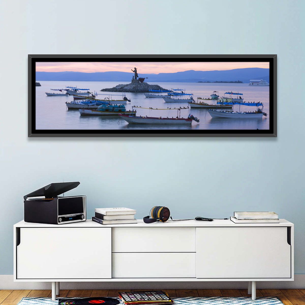 Lake Chapala Islet Sunrise Wall Art in a room, panoramic