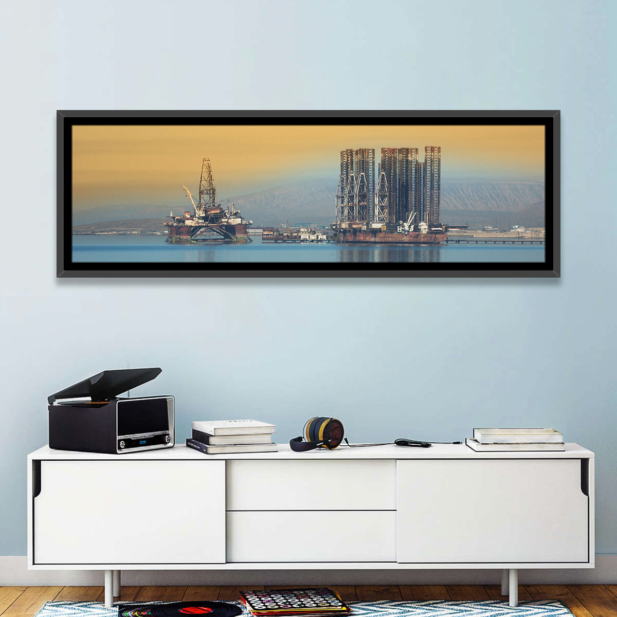 Baku Oil Rigs at Dusk Wall Art in a room, panoramic