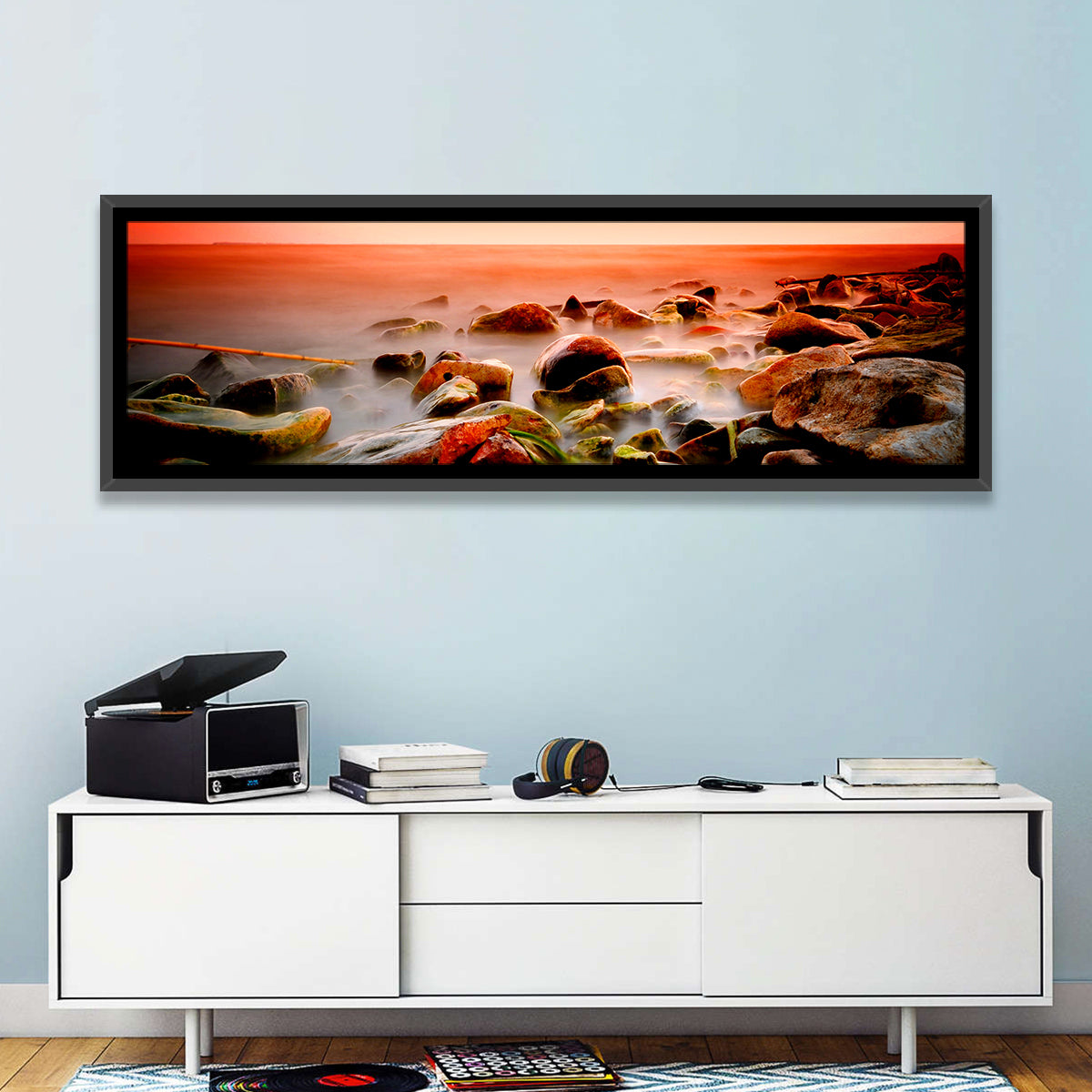 Lake Shore Sunset Wall Art in a room, panoramic