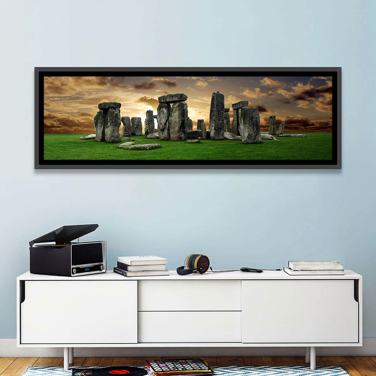 Stonehenge at Sunset Wall Art in a room, panoramic