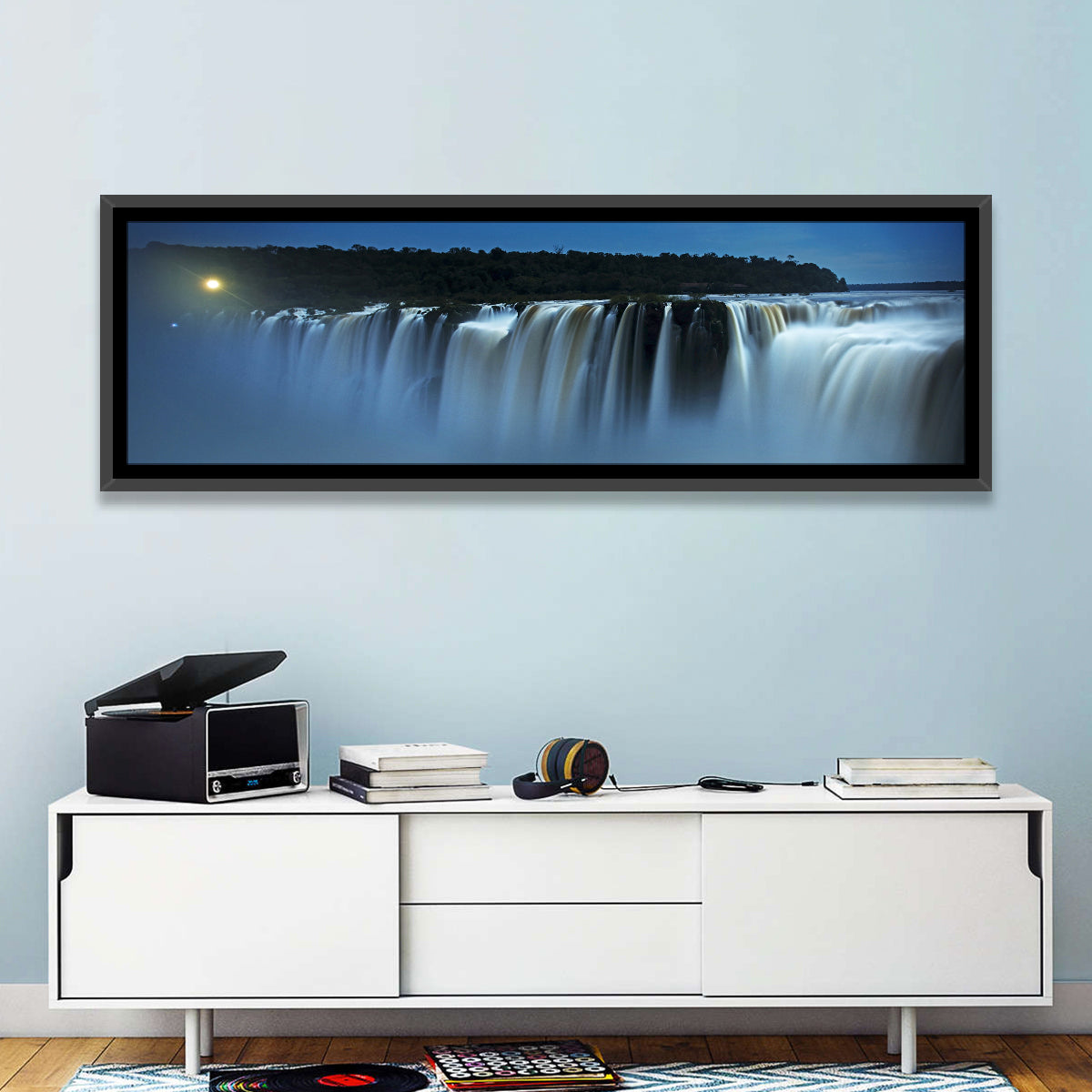 Moonlit Iguazu Falls Wall Art in a room, panoramic