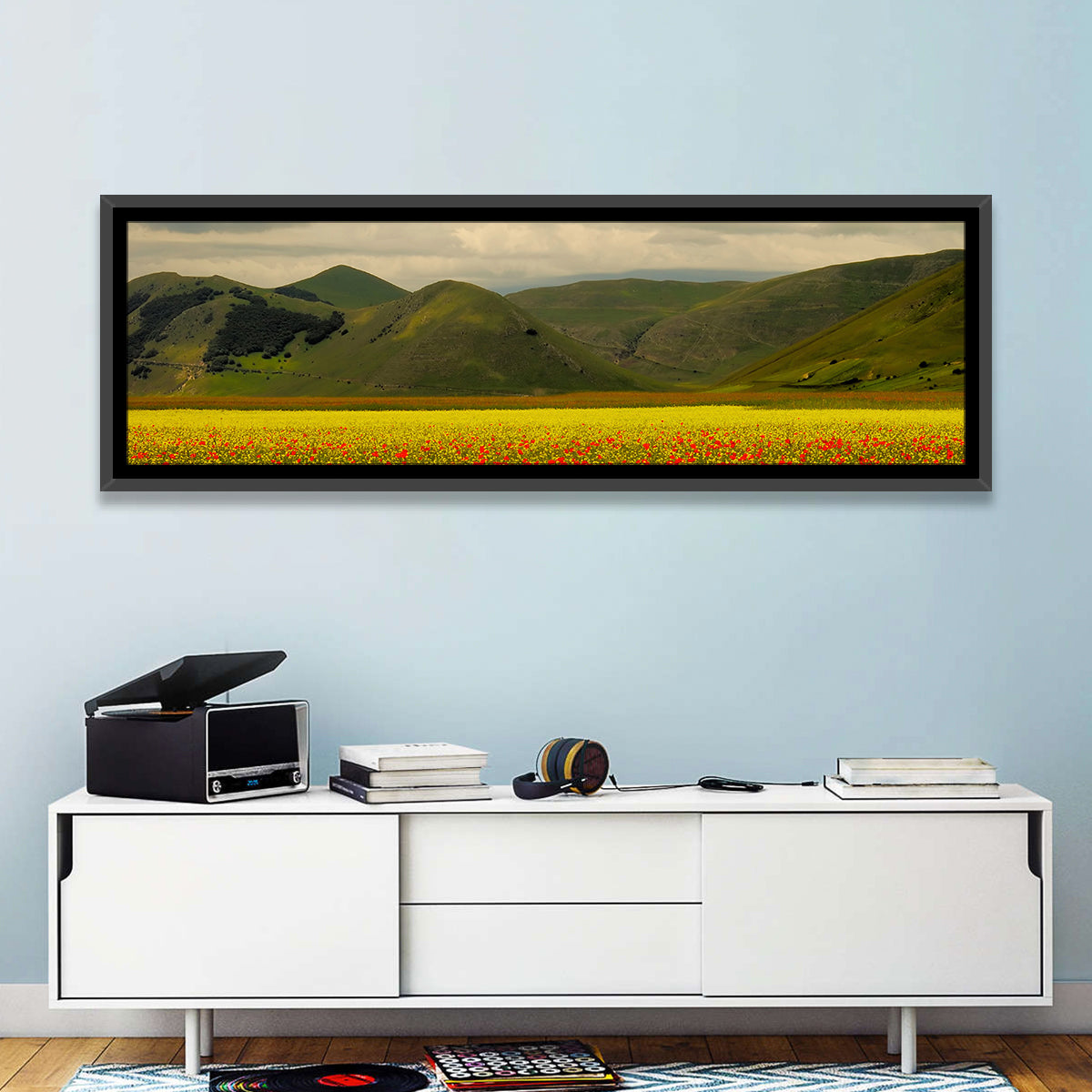 Castelluccio Wildflower Meadow Wall Art in a room, panoramic
