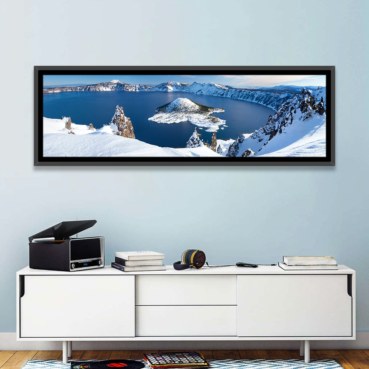 Crater Lake with Wizard Island Wall Art in a room, panoramic