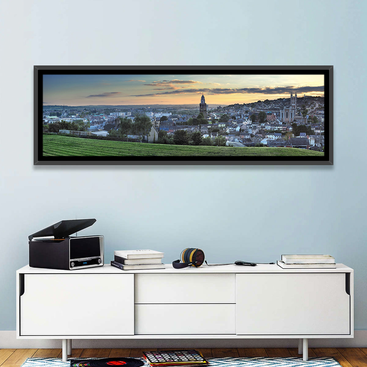 Cork Sunset Skyline Wall Art in a room, panoramic
