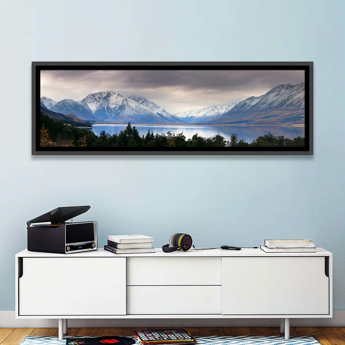 Lake Ohau Reflection Wall Art in a room, panoramic