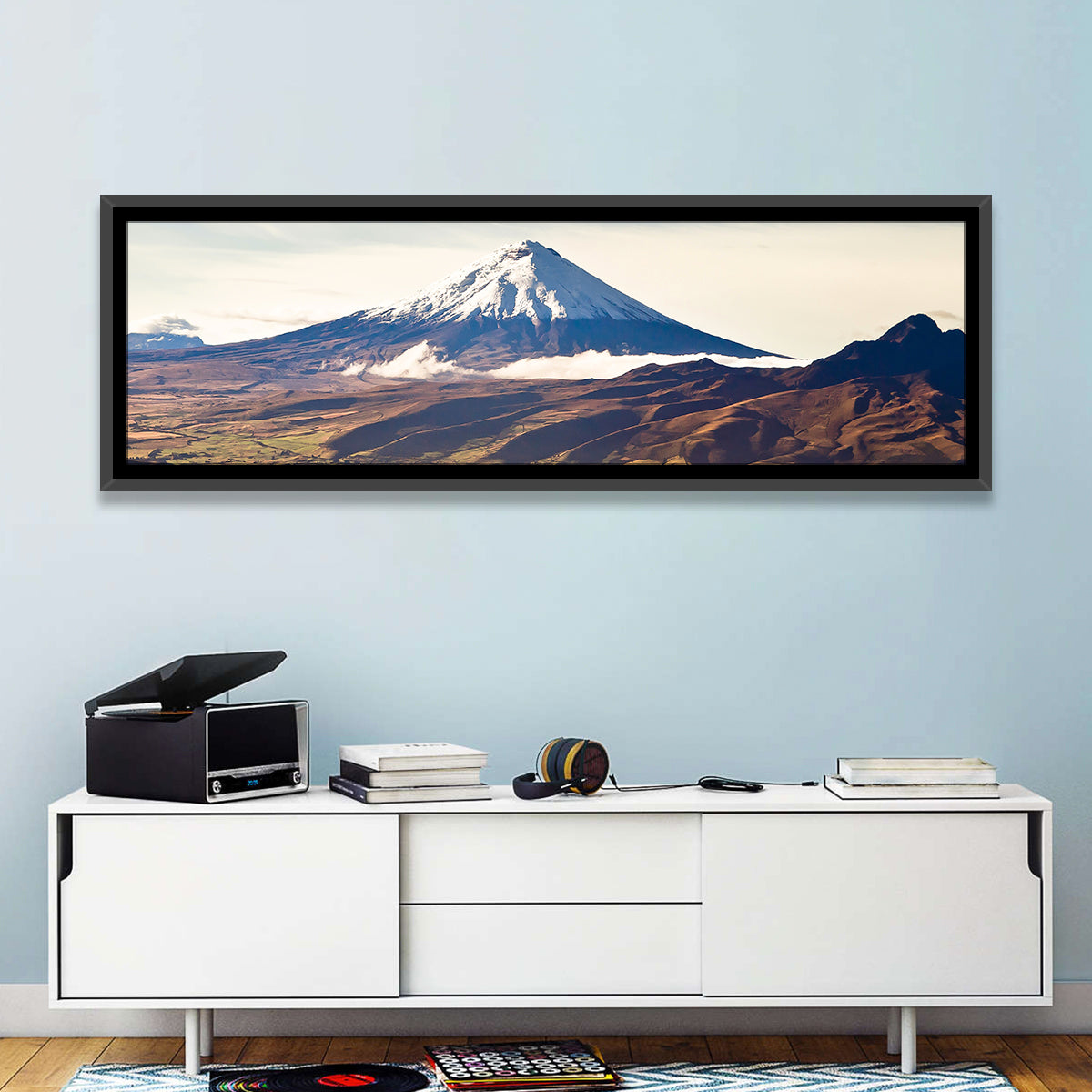 Cotopaxi Volcano Landscape Wall Art in a room, panoramic