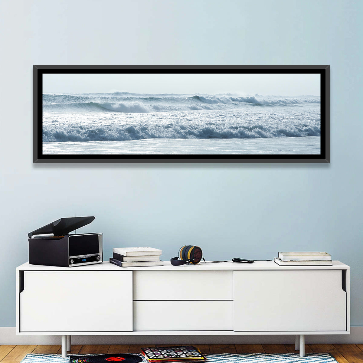 Misty Horizon Ocean Waves Wall Art in a room, panoramic