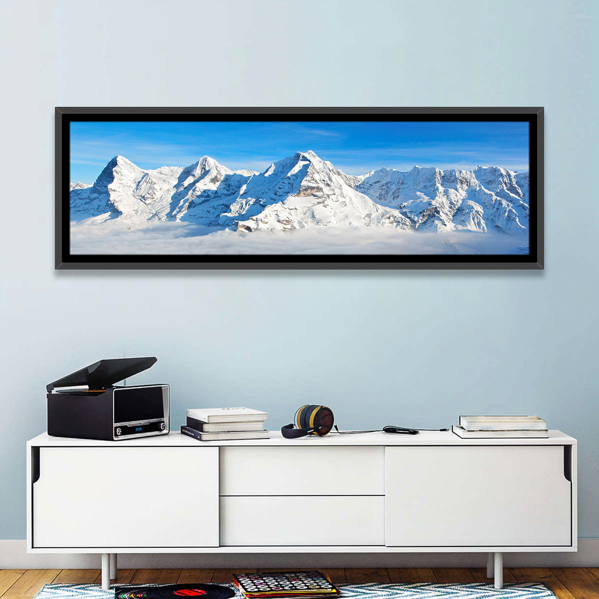 Eiger, Mönch and Jungfrau Peaks Wall Art in a room, panoramic
